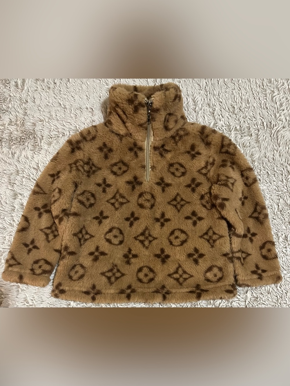 Brown Faux Fur Half-Zip Pullover with Monogram Pattern